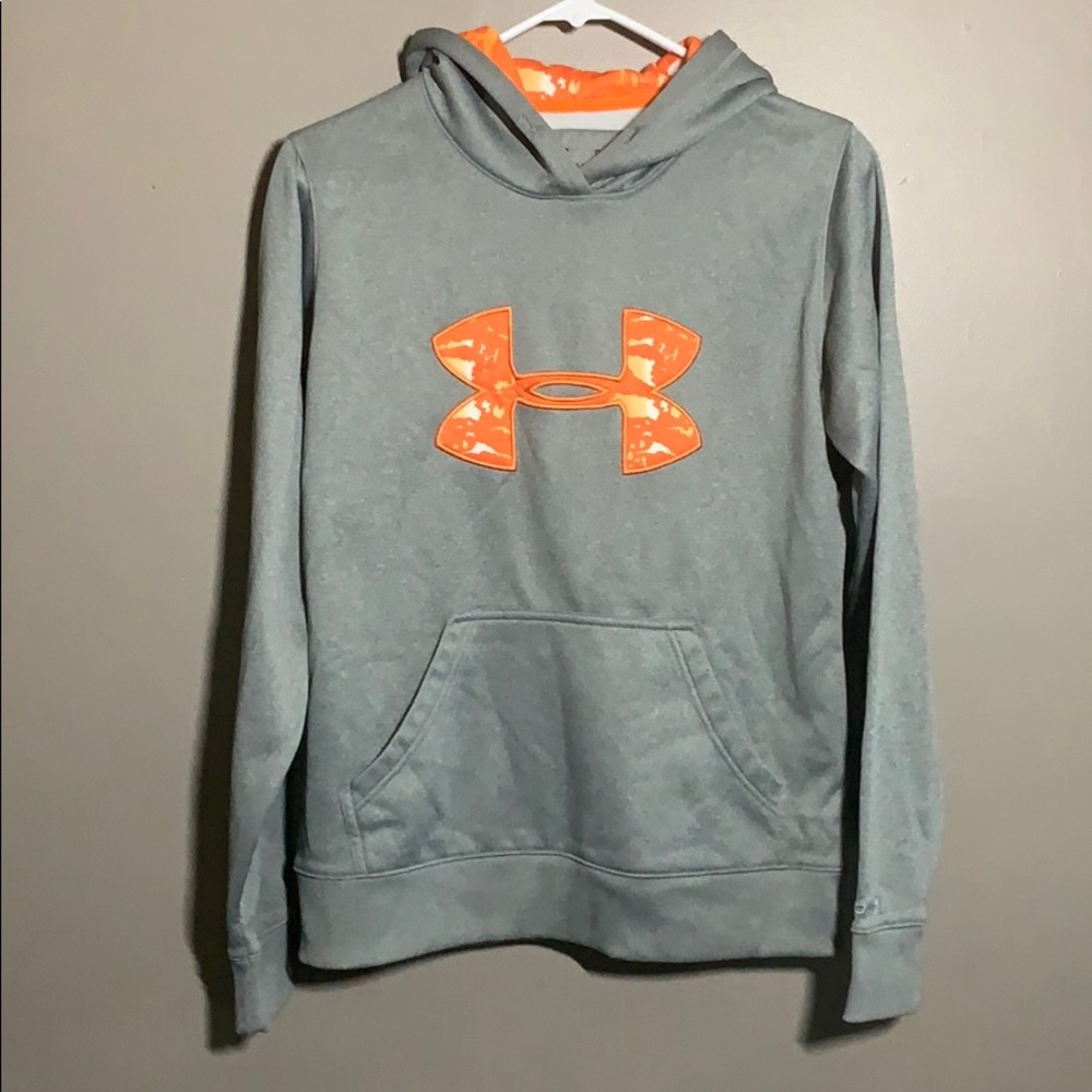 Gray Under Armor hoodie with orange accents
